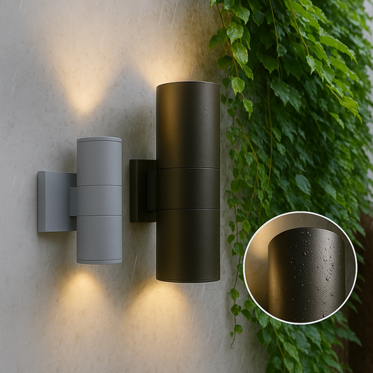 En svart och en grå cylinderformad vägglampa bredvid varandra på en putsad vägg i regn, med närbild av regndroppar på ytan. 1