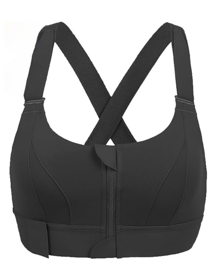 Schwarzer Sport-BH mit Reißverschluss vorne, verstellbare Träger, atmungsaktives Material.