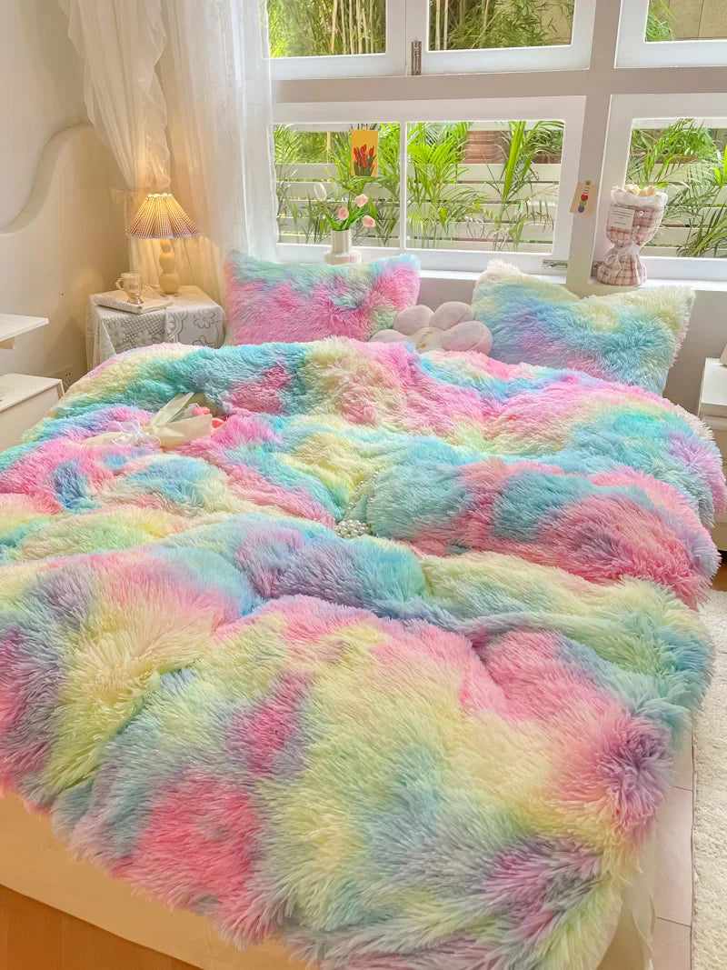 Buntes, flauschiges Bettwäsche-Set aus Kunstfell in Pastellfarben im gemütlichen Schlafzimmer.