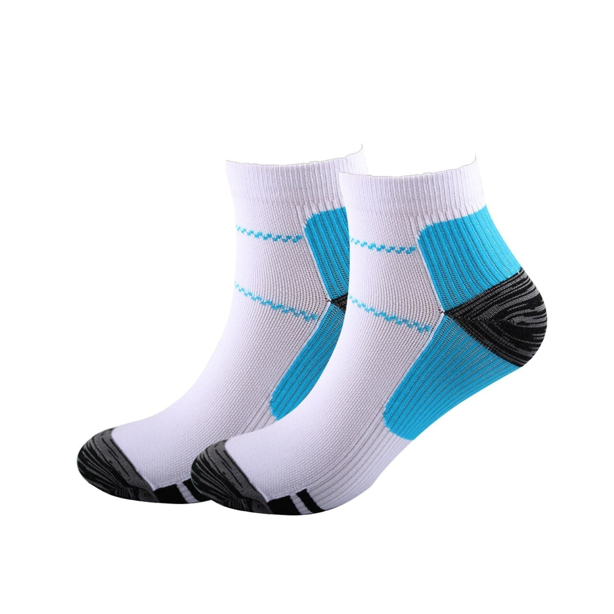 Weiße Sportsocken mit blauen und schwarzen Akzenten, atmungsaktiv, ideal für Laufen und Fitness.