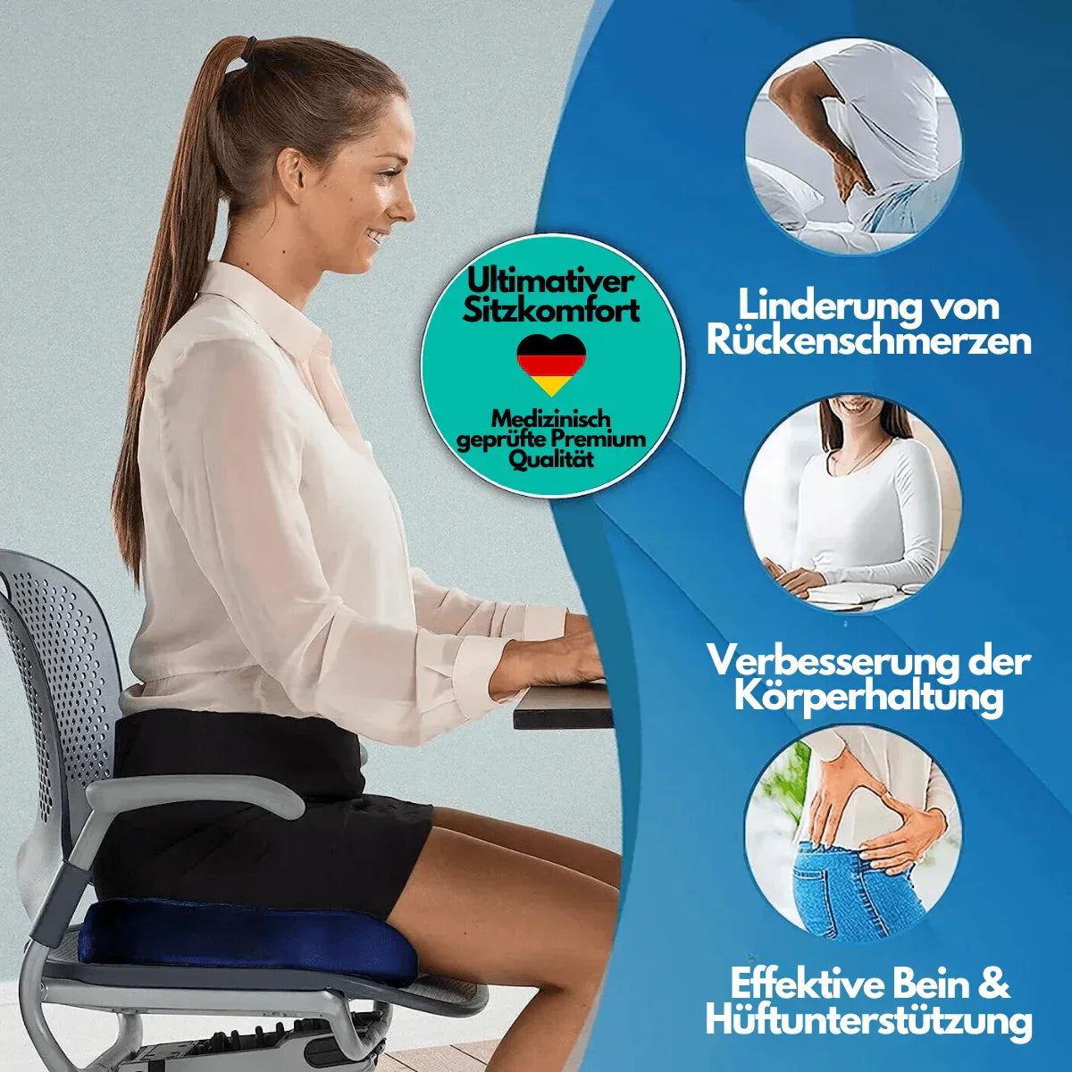Frau auf ergonomischem Bürostuhl mit Sitzkissen, verbessert Körperhaltung, lindert Rückenschmerzen.