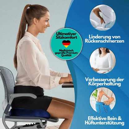 Frau auf ergonomischem Bürostuhl mit Sitzkissen, verbessert Körperhaltung, lindert Rückenschmerzen.