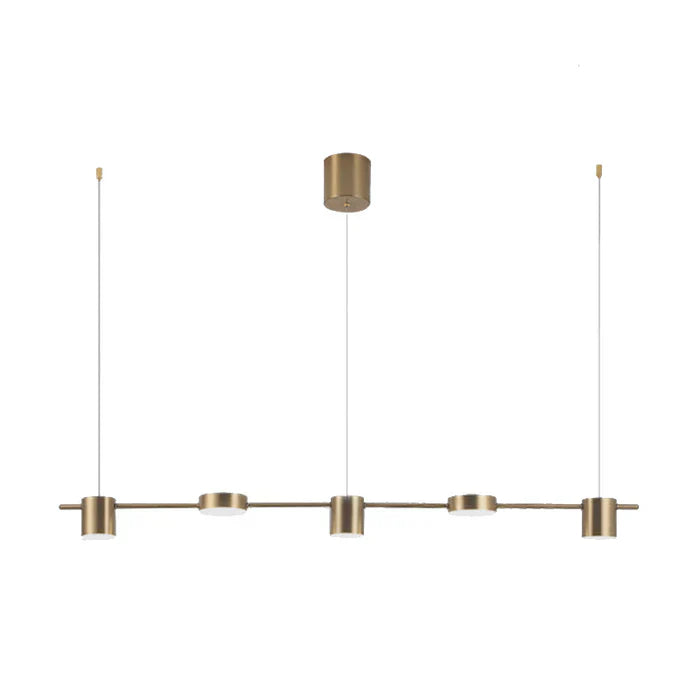 Moderne goldene Pendelleuchte, vierflammig, minimalistisch, für Esszimmer oder Küche.