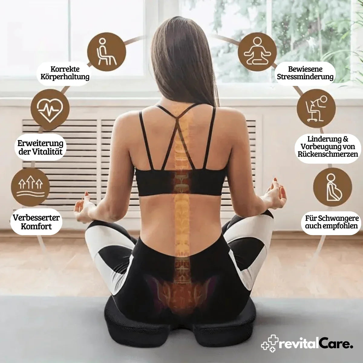 Frau in Yoga-Pose auf ergonomischem Kissen, Rückenschmerzen Linderung, Stressabbau, Vitalität.