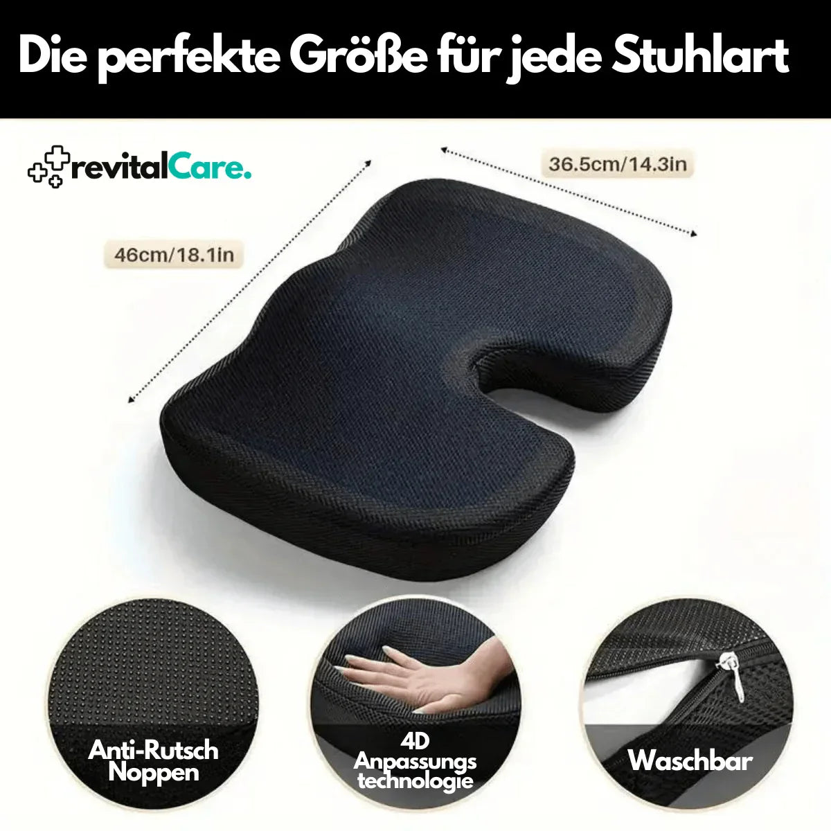 Orthopädisches Sitzkissen, schwarz, ergonomisch, rutschfest, waschbar, für Bürostühle.