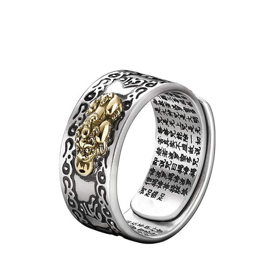Silberner Ring mit goldener Drachenverzierung und chinesischen Schriftzeichen, verstellbar.