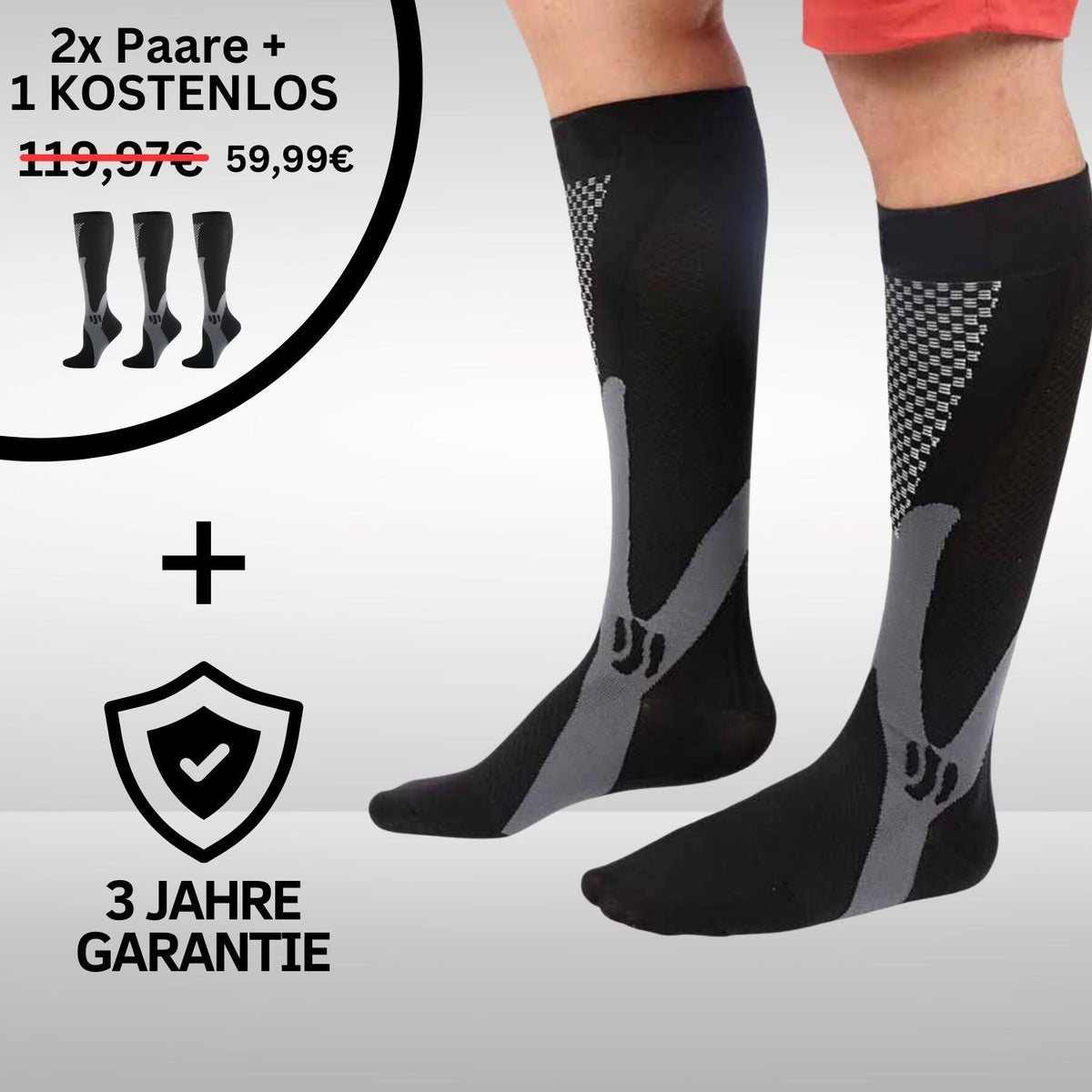 Schwarze Kompressionsstrümpfe für Sport, 2+1 gratis Angebot, 3 Jahre Garantie.
