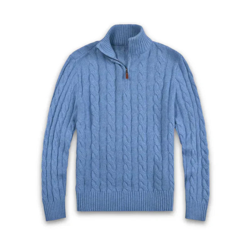 Blauer Strickpullover mit Zopfmuster, Reißverschluss, Herrenmode, Winterkleidung, Baumwolle.