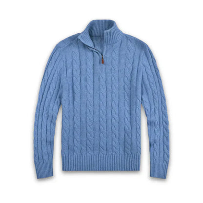 Blauer Strickpullover mit Zopfmuster, Reißverschluss, Herrenmode, Winterkleidung, Baumwolle.