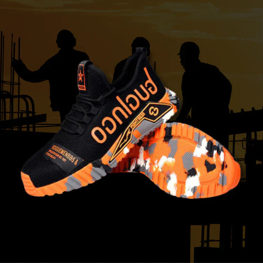 Schwarze und orangefarbene Sicherheitsschuhe mit Camouflage-Sohle, ideal für Bauarbeiten.