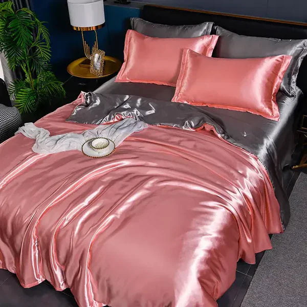 Luxuriöse rosa und graue Seidenbettwäsche-Set, glänzend, elegant, Schlafzimmer-Dekor.