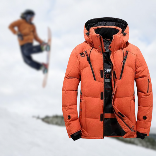 Orangefarbene Skijacke für Herren, wasserdicht, winddicht, ideal für Wintersport.