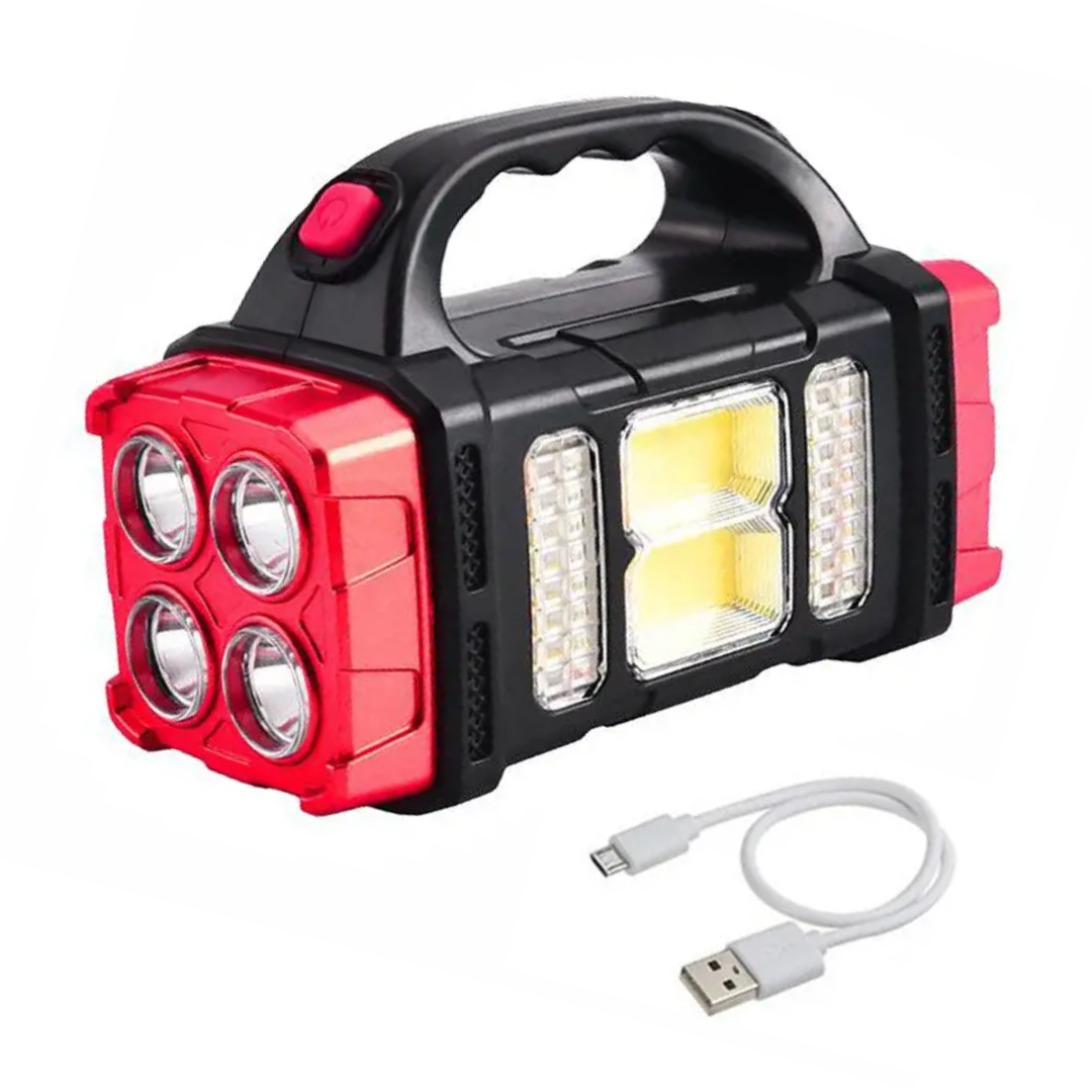 Leistungsstarke LED-Taschenlampe, rot-schwarz, tragbar, USB-aufladbar, mit Griff.