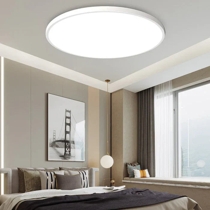 Moderne runde LED-Deckenleuchte, weiß, energiesparend, Schlafzimmerbeleuchtung, minimalistisch.