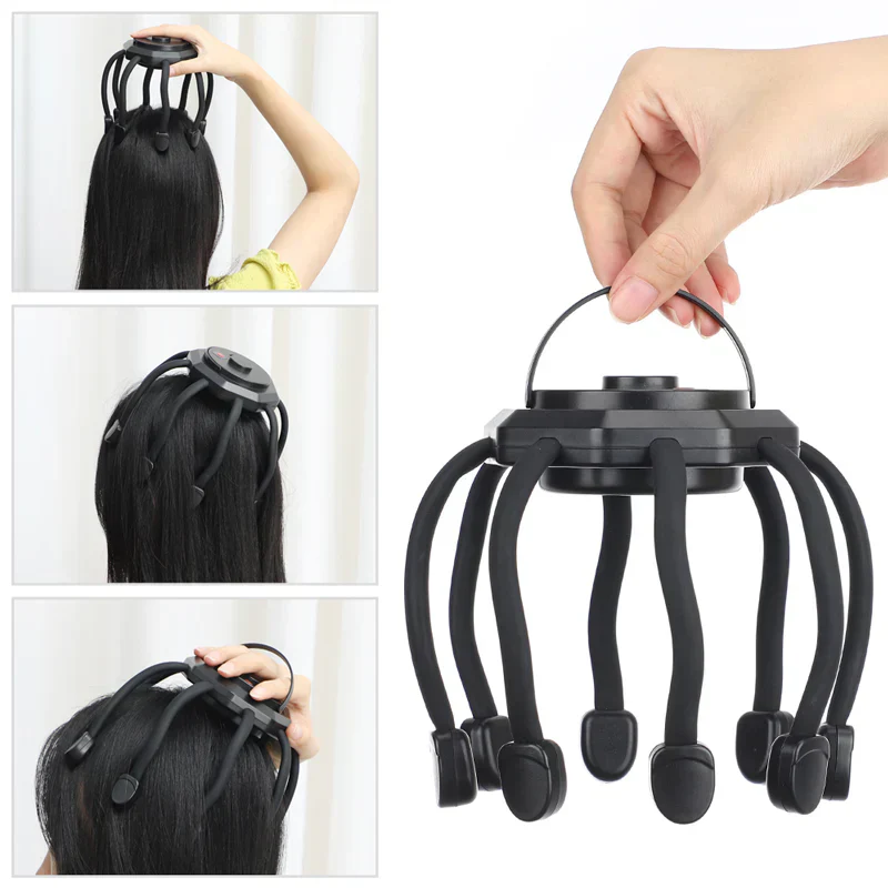Elektrische Kopfmassagegerät, schwarz, für Entspannung und Stressabbau, ergonomisches Design.