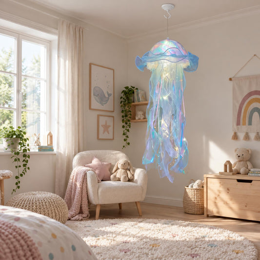 Blåskimrande manetlampa hänger i ett ljust barnrum med fåtölj, gosedjur och leksaker 1