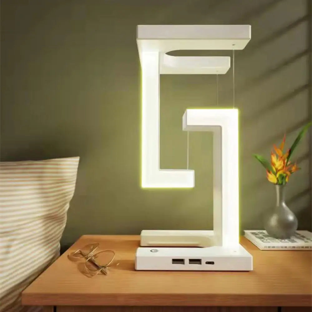 Moderne LED-Tischlampe, weiß, geometrisches Design, energiesparend, ideal für Schlafzimmer.