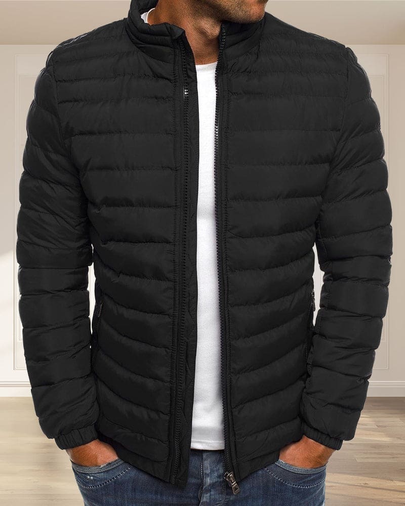 Schwarze Steppjacke Herren, Reißverschluss, warm, modisch, Winterjacke, Freizeitkleidung.