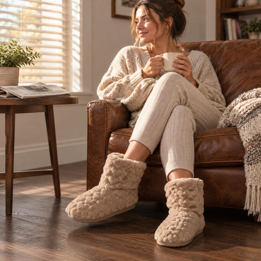 Beige mjuka tofflor med hjärtmönster på fötter i svarta leggings framför läderfåtölj 1