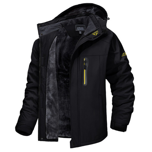 Schwarze Herren-Winterjacke, wasserdicht, mit Kapuze und Reißverschlusstasche, warm gefüttert.