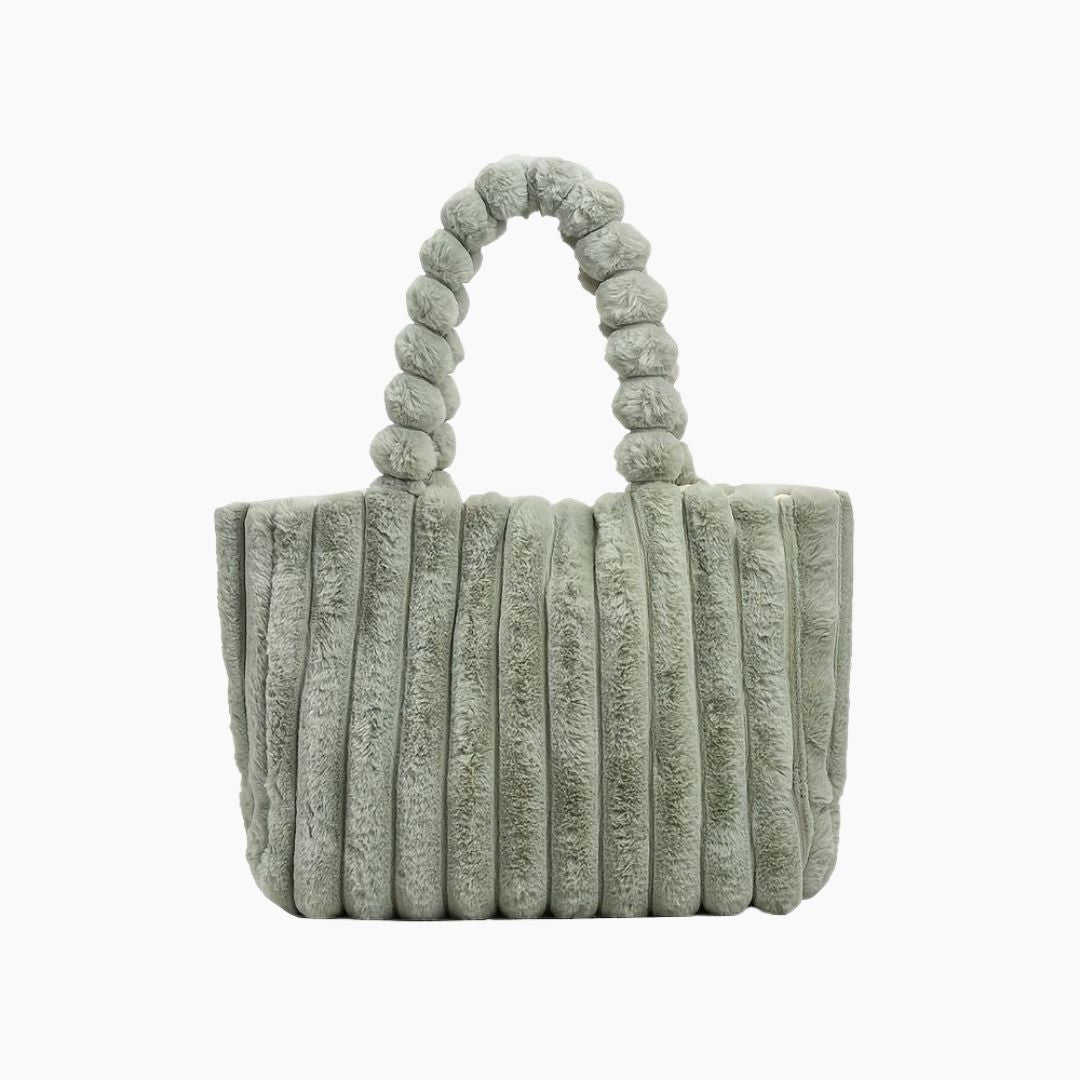 Grüne Plüsch-Handtasche mit gestepptem Design und geflochtenem Griff, modisch und elegant.