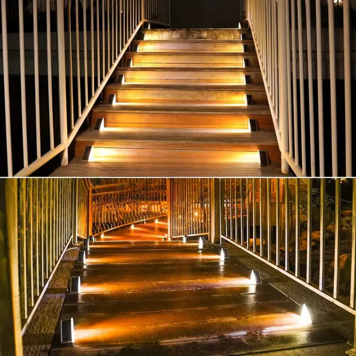 Beleuchtete Treppenstufen aus Holz mit LED-Leuchten, moderne Außenbeleuchtung, Nachtansicht.