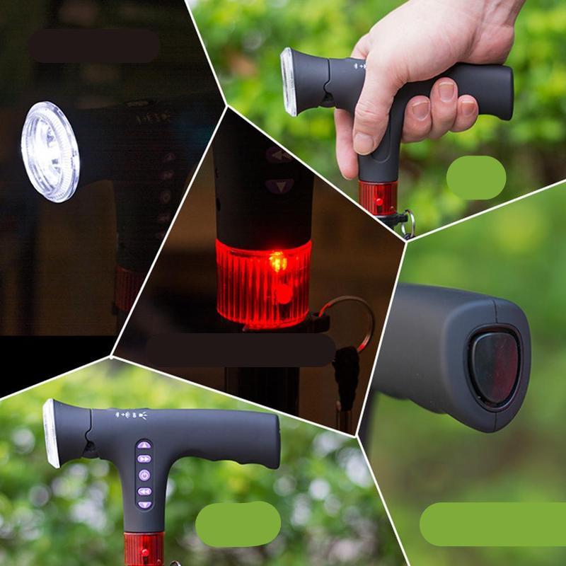 Schwarzer LED-Gehstock mit rotem Alarmlicht, ergonomischem Griff und rutschfestem Fuß.