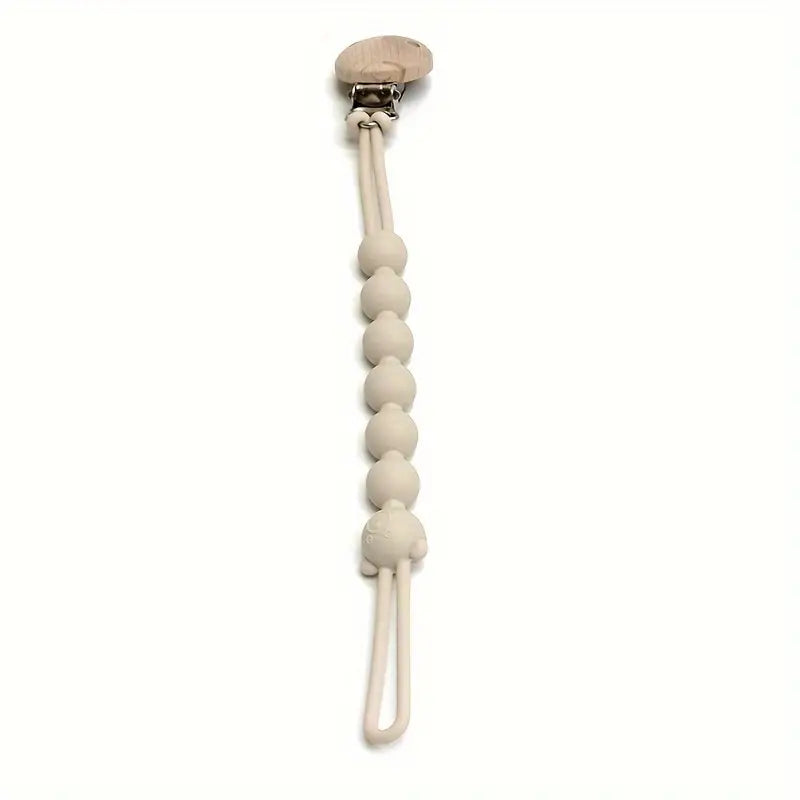 Beißring-Halter aus Silikon, beige, mit Holzclip, für Babys, sicher und langlebig.