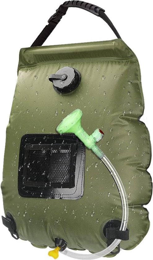 Grüne Camping-Duschtasche, 20L, mit Duschkopf und Tragegriff, wasserdicht, Outdoor-Zubehör.