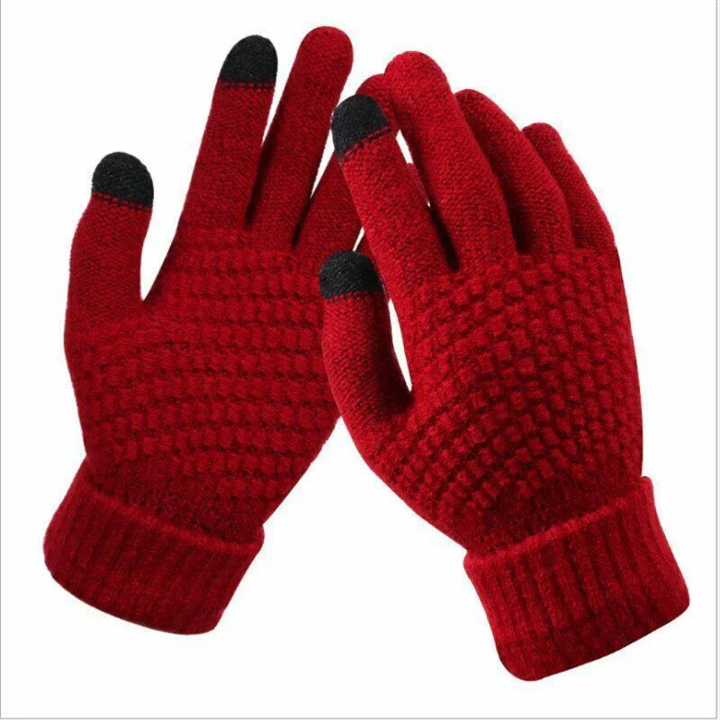 Rote gestrickte Touchscreen-Handschuhe, rutschfest, warm, Winterbekleidung, Unisex.