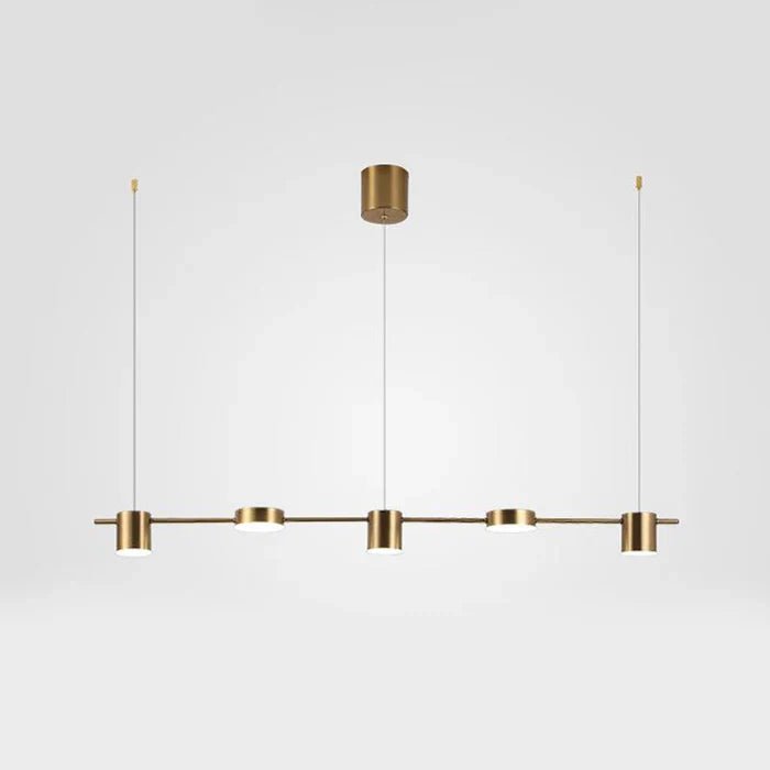 Moderne goldene Pendelleuchte mit vier runden Lampen, minimalistisch, für Esszimmerbeleuchtung.