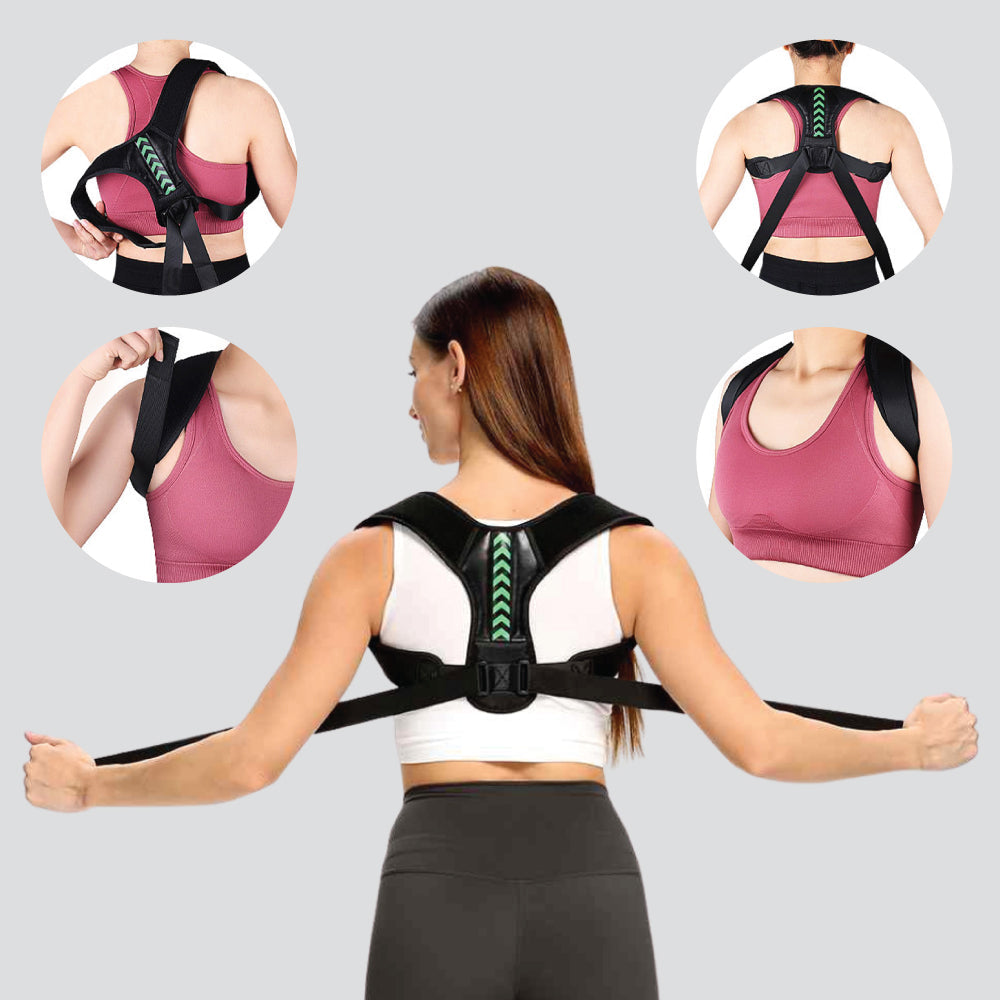 Frau mit schwarzem Haltungskorrektor, verstellbar, Rückenstütze, Fitness, Haltungstrainer.