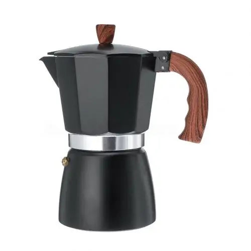 Schwarze Espressokanne aus Aluminium mit Holzgriff, Mokkakanne, italienisches Design.
