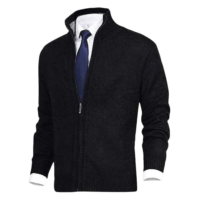 Schwarze Herren-Strickjacke mit Reißverschluss, elegantes Design, ideal für Business-Outfits.