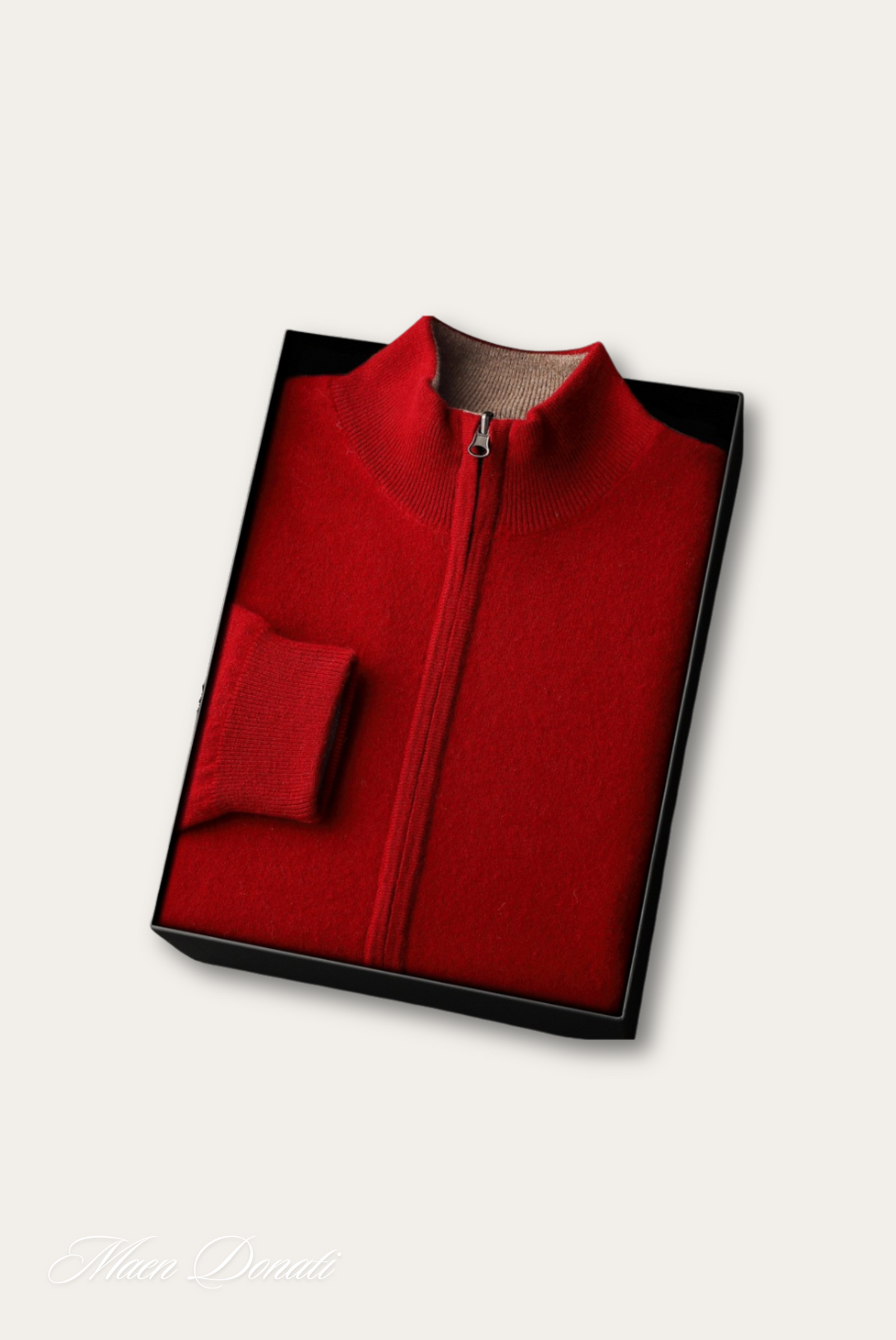 Roter Kaschmirpullover mit Reißverschluss in Geschenkbox, luxuriöse Wintermode für Herren.