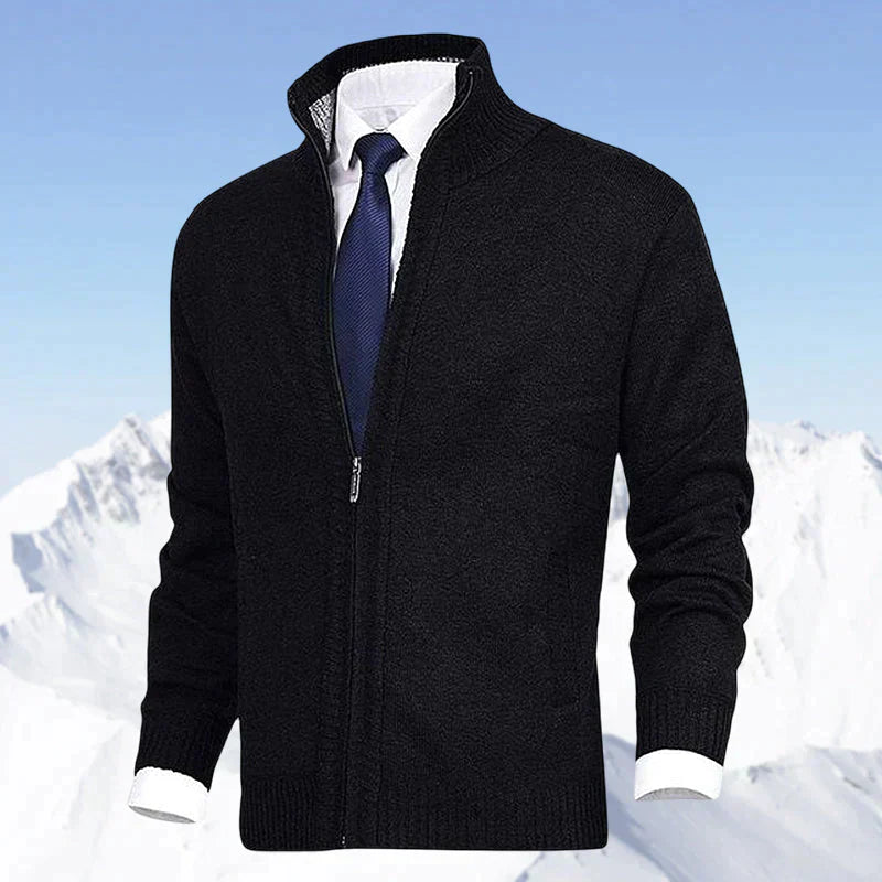 Schwarze Herren-Strickjacke mit Reißverschluss, eleganter Stil, ideal für Business-Outfits.
