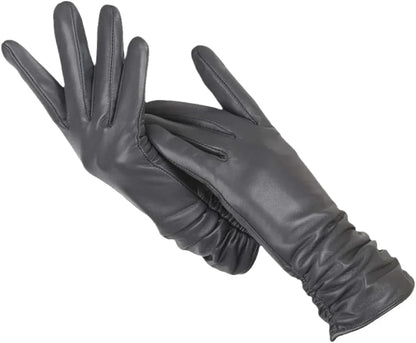 Schwarze Damenlederhandschuhe, elegant, lang, aus weichem Leder, ideal für Wintermode.