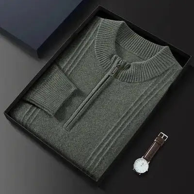 Grauer Herrenpullover mit Reißverschluss, Strick, Geschenkbox, elegantes Design, Wintermode.