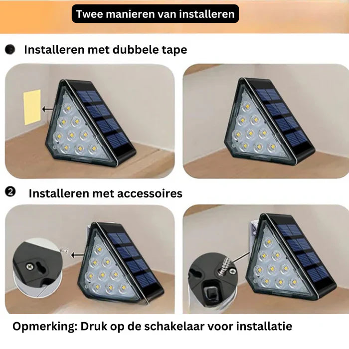 Dreieckige LED-Solarleuchte, schwarz, mit 12 LEDs, zwei Installationsmethoden, energiesparend.