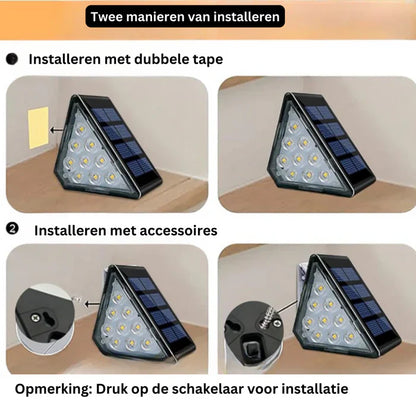Dreieckige LED-Solarleuchte, schwarz, mit 12 LEDs, zwei Installationsmethoden, energiesparend.