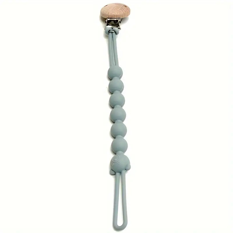Schnullerkette Silikon Grau mit Holzclip, Baby Zubehör, Beißringhalter, BPA-frei