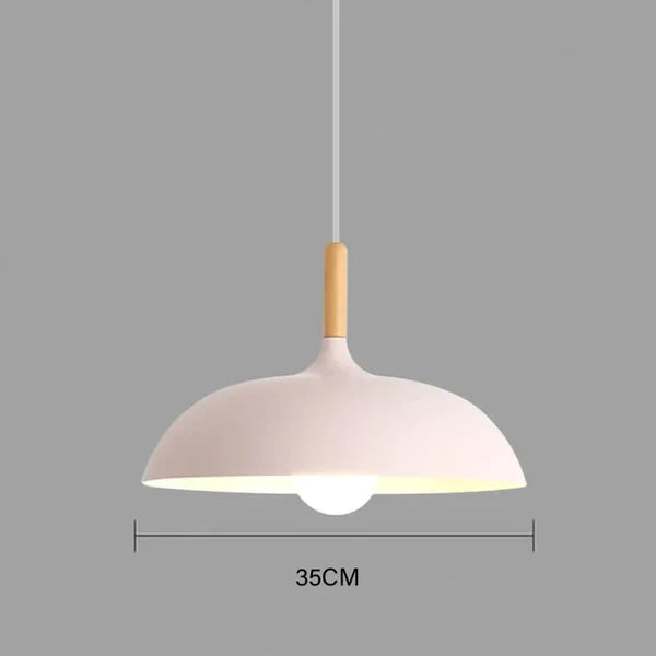 Moderne weiße Pendelleuchte, 35 cm, Holzdetail, skandinavisches Design, Innenbeleuchtung.