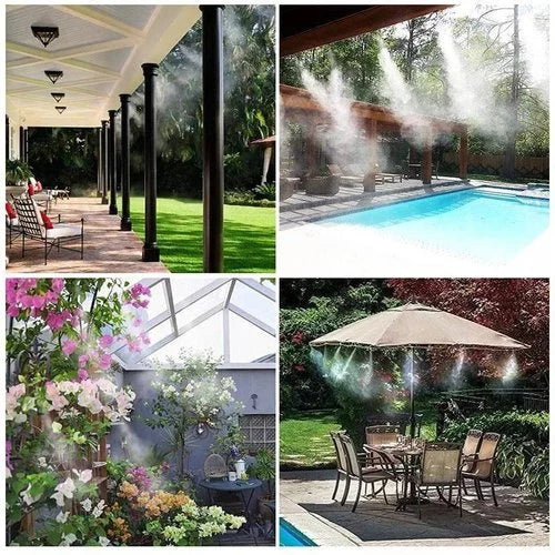 Gartenbewässerungssystem, Nebeldüsen, Terrasse, Pool, Kühlung, Sommer, Außenbereich, effizient.