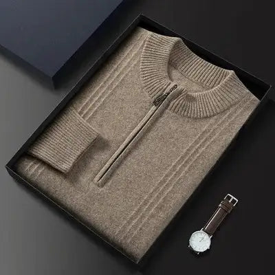 Beigefarbener Herrenpullover mit Reißverschluss aus Wolle in Geschenkbox, elegantes Design.