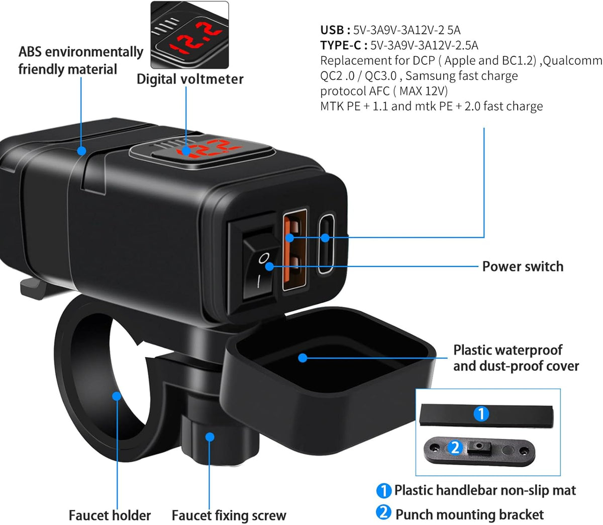 USB- och Typ-C-snabbladdare för motorcykel med voltmeter – Drayvik