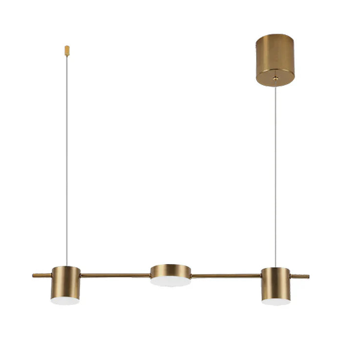 Moderne goldene Pendelleuchte mit drei zylindrischen Lampen, ideal für Esszimmerbeleuchtung.