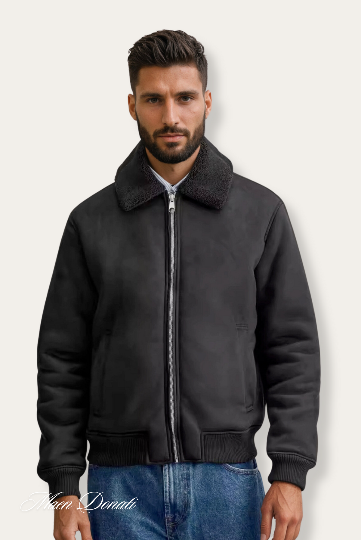 Schwarze Herren-Lederjacke mit Fellkragen, Reißverschluss, modisch, warm, für Herbst/Winter.