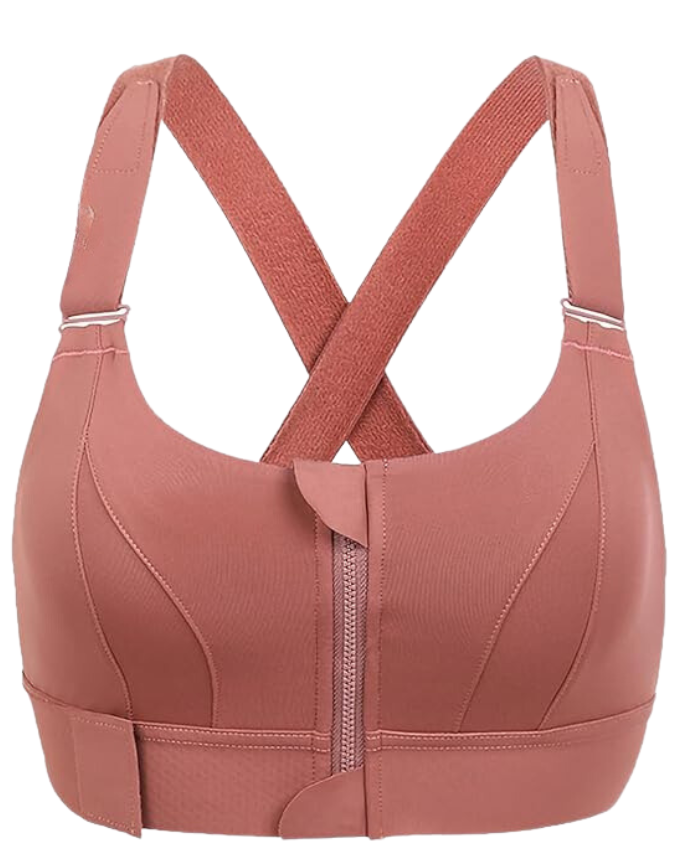 Rosa Sport-BH mit Reißverschluss vorne, verstellbaren Trägern, stützendem Design.