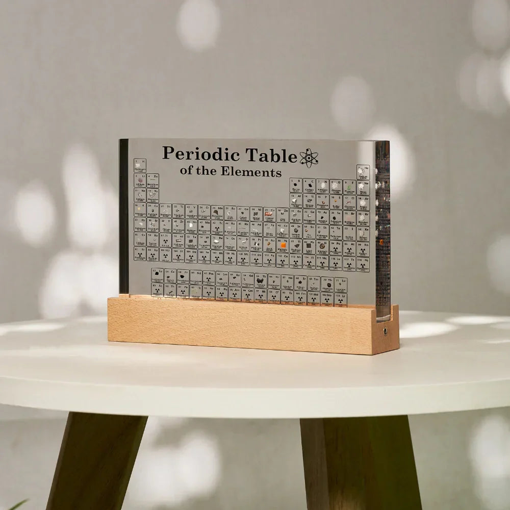 Acryl Periodensystem Tischdeko, transparent, mit Holzständer, chemische Elemente, modern, stilvoll