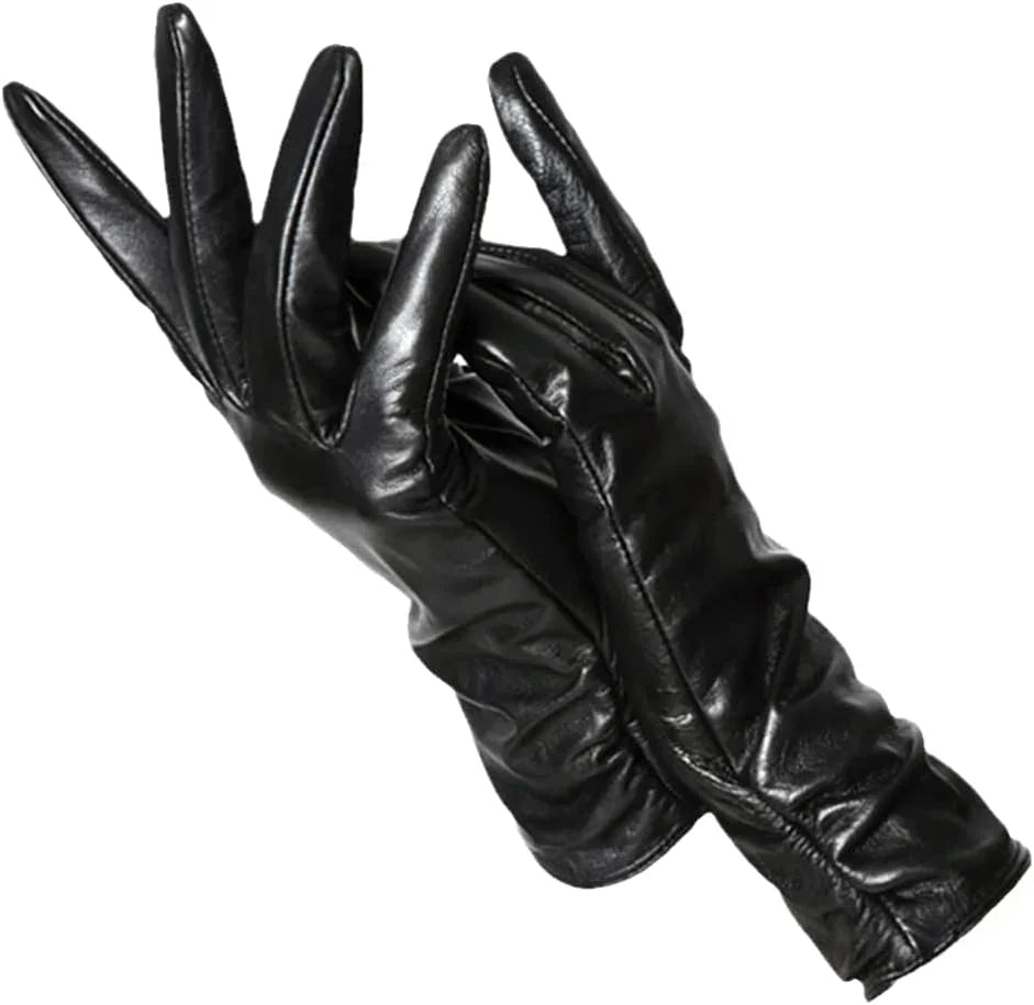 Schwarze Damenlederhandschuhe, elegant, lang, weich, modisch, Winteraccessoire.